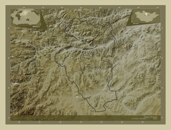 Bulgan Moğolistan Vilayeti Yükseklik Haritası Göller Nehirlerle Wiki Tarzında Renklendirilmiş — Stok fotoğraf