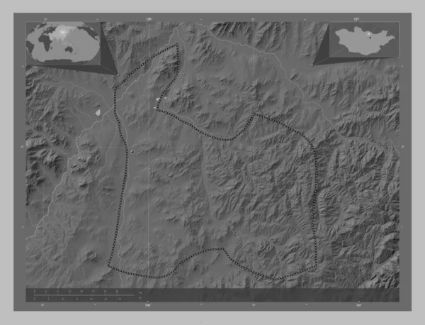 モンゴルの自治体であるダーハン ウール 湖や川とグレースケールの標高マップ 地域の主要都市の場所 コーナー補助位置図 — ストック写真