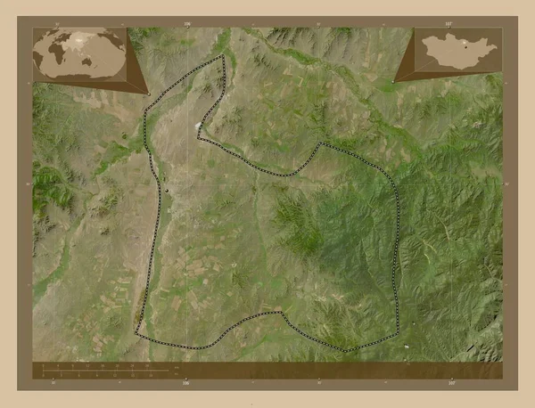 モンゴルの自治体であるダーハン ウール 低解像度衛星地図 地域の主要都市の場所 コーナー補助位置図 — ストック写真
