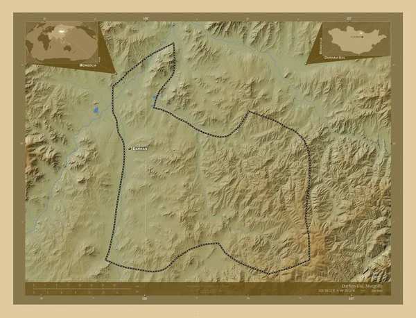 Дархан Муніципалітет Монголії Кольорові Карти Висот Озерами Річками Місця Розташування — стокове фото