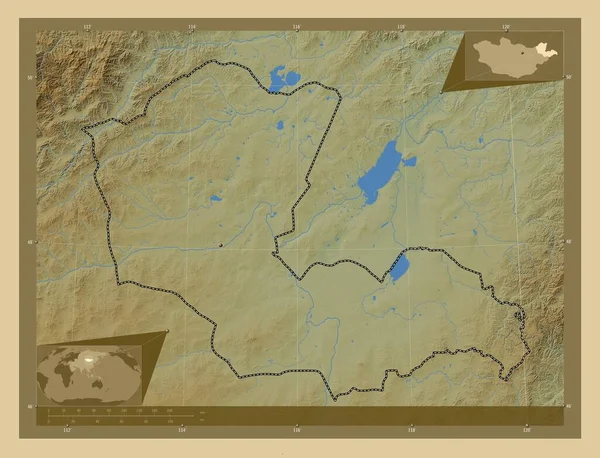 蒙古省Dornod 有湖泊和河流的彩色高程图 该区域主要城市的所在地点 角辅助位置图 — 图库照片