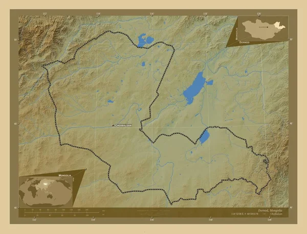 モンゴル国ドルノー県 湖や川と色の標高マップ 地域の主要都市の位置と名前 コーナー補助位置図 — ストック写真