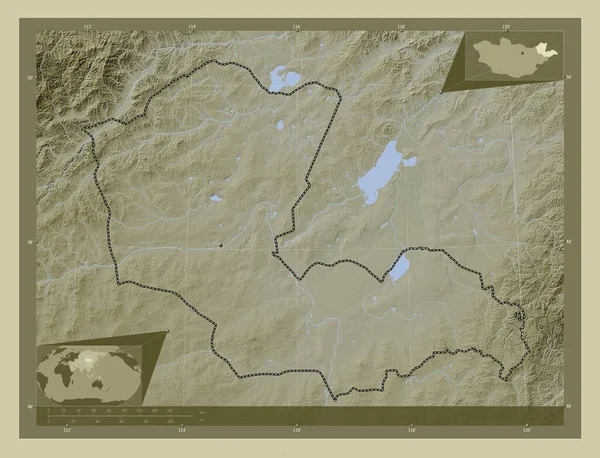 蒙古省Dornod 用Wiki风格绘制的带有湖泊和河流的高程地图 角辅助位置图 — 图库照片