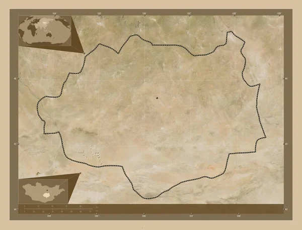 モンゴル国ドンゴヴィ県 低解像度衛星地図 地域の主要都市の場所 コーナー補助位置図 — ストック写真
