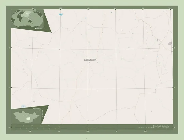 蒙古Dundgovi省 开放街道地图 该区域主要城市的地点和名称 角辅助位置图 — 图库照片