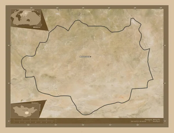 蒙古Dundgovi省 低分辨率卫星地图 该区域主要城市的地点和名称 角辅助位置图 — 图库照片
