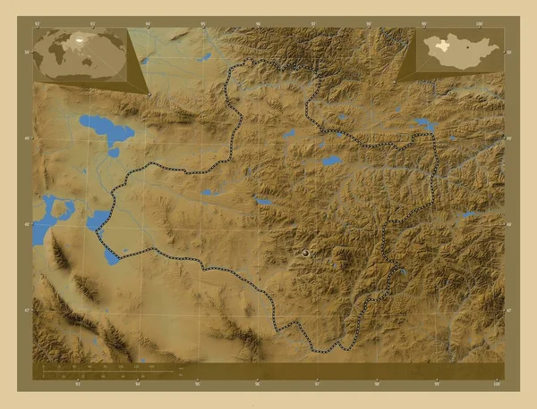 Dzavhan Province Mongolie Carte Altitude Colorée Avec Lacs Rivières Corner — Photo