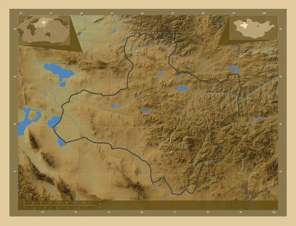 Dzavhan Province Mongolie Carte Altitude Colorée Avec Lacs Rivières Emplacements — Photo