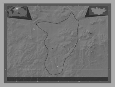 Govisumber, Moğolistan belediyesi. Göllü ve nehirli çift katlı yükseklik haritası. Köşedeki yedek konum haritaları