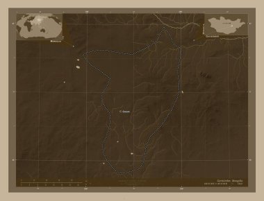 Govisumber, Moğolistan belediyesi. Yükseklik haritası sepya tonlarında göller ve nehirlerle renklendirilmiş. Bölgenin büyük şehirlerinin yerleri ve isimleri. Köşedeki yedek konum haritaları