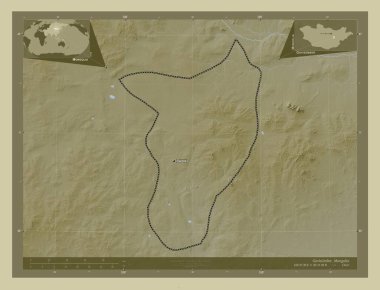 Govisumber, Moğolistan belediyesi. Yükseklik haritası göller ve nehirlerle wiki tarzında renklendirilmiş. Bölgenin büyük şehirlerinin yerleri ve isimleri. Köşedeki yedek konum haritaları