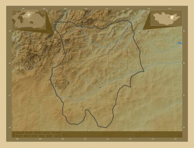 Hentiy, Moğolistan ili. Gölleri ve nehirleri olan renkli yükseklik haritası. Köşedeki yedek konum haritaları