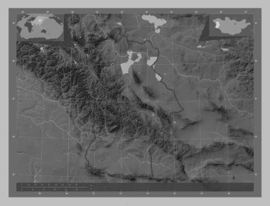 Hovd, Moğolistan vilayeti. Gölleri ve nehirleri olan gri tonlama yükseklik haritası. Bölgenin büyük şehirlerinin yerleri. Köşedeki yedek konum haritaları