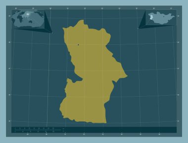 Hovd, Moğolistan vilayeti. Katı renk şekli. Bölgenin büyük şehirlerinin yerleri. Köşedeki yedek konum haritaları