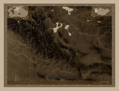 Hovd, Moğolistan vilayeti. Yükseklik haritası sepya tonlarında göller ve nehirlerle renklendirilmiş. Bölgenin büyük şehirlerinin yerleri ve isimleri. Köşedeki yedek konum haritaları