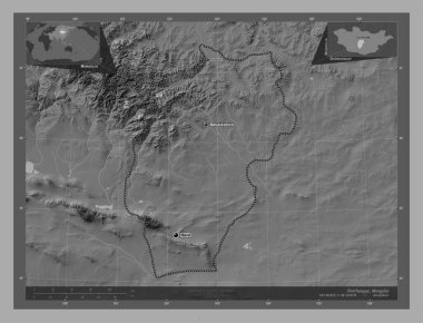 Ovorhangay, Moğolistan eyaleti. Göllü ve nehirli çift katlı yükseklik haritası. Bölgenin büyük şehirlerinin yerleri ve isimleri. Köşedeki yedek konum haritaları
