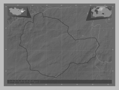 Suhbaatar, Moğolistan vilayeti. Gölleri ve nehirleri olan gri tonlama yükseklik haritası. Köşedeki yedek konum haritaları