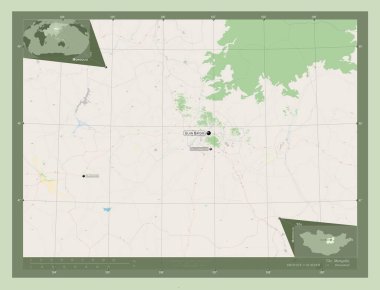 Tov, Moğolistan vilayeti. Açık Sokak Haritası. Bölgenin büyük şehirlerinin yerleri ve isimleri. Köşedeki yedek konum haritaları