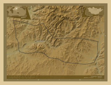 Ulaanbaatar, Moğolistan belediyesi. Gölleri ve nehirleri olan renkli yükseklik haritası. Bölgenin büyük şehirlerinin yerleri ve isimleri. Köşedeki yedek konum haritaları