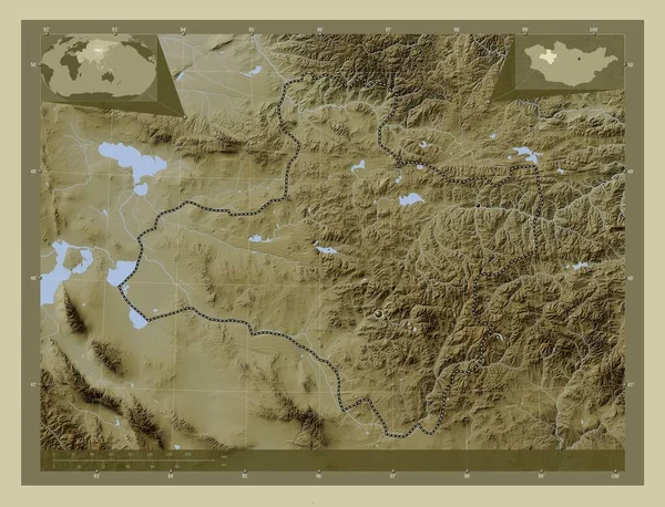 モンゴルの州Dzavhan 湖や川とWikiスタイルで着色された標高マップ 地域の主要都市の場所 コーナー補助位置図 — ストック写真