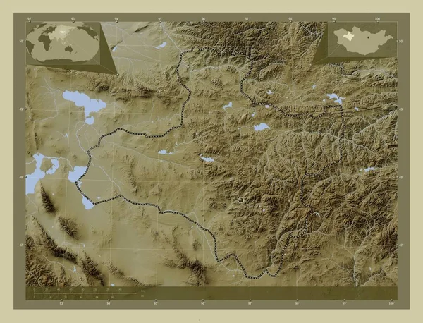 モンゴルの州Dzavhan 湖や川とWikiスタイルで着色された標高マップ コーナー補助位置図 — ストック写真