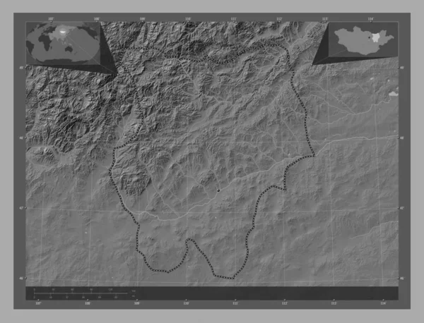 蒙古省Hentiy 带湖泊和河流的比尔维尔高程图 角辅助位置图 — 图库照片