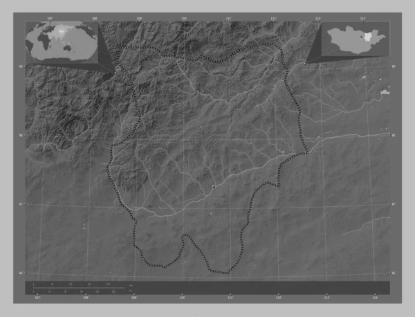 モンゴル国の省都 湖や川とグレースケールの標高マップ コーナー補助位置図 — ストック写真