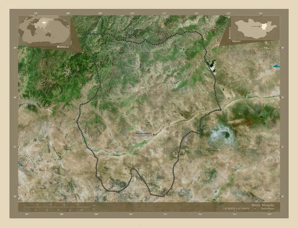 Hentiy Provincia Mongolia Mapa Satelital Alta Resolución Ubicaciones Nombres Las — Foto de Stock