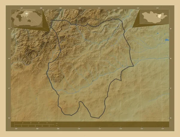 Hentiy Provincie Mongolsko Barevná Mapa Jezery Řekami Pomocné Mapy Polohy — Stock fotografie
