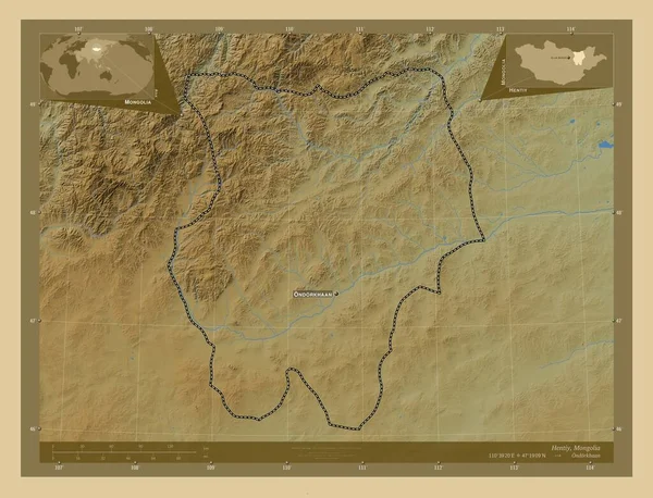 Hentiy Provincie Mongolsko Barevná Mapa Jezery Řekami Umístění Názvy Velkých — Stock fotografie