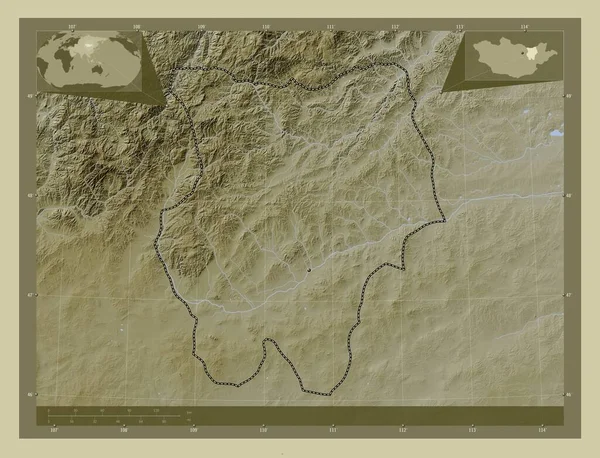 蒙古省Hentiy 用Wiki风格绘制的带有湖泊和河流的高程地图 该区域主要城市的所在地点 角辅助位置图 — 图库照片