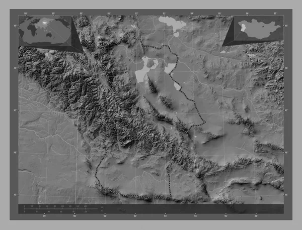 Hovd 蒙古省 带湖泊和河流的比尔维尔高程图 角辅助位置图 — 图库照片