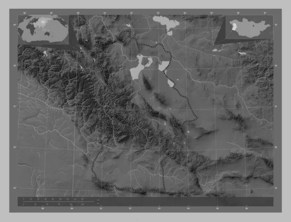 Hovd Province Mongolia Grayscale Elevation Map Lakes Rivers Corner Auxiliary — Stock Photo, Image