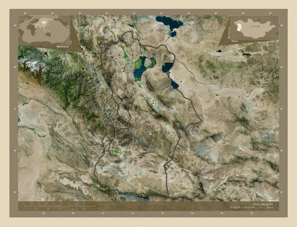 Hovd 蒙古省 高分辨率卫星地图 该区域主要城市的地点和名称 角辅助位置图 — 图库照片
