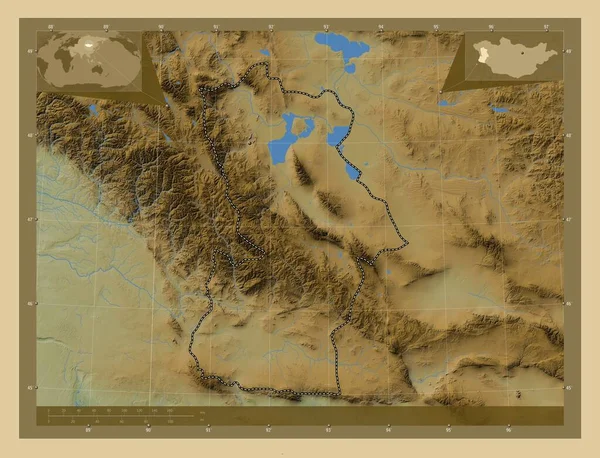 Hovd Mongolian Maakunta Värilliset Korkeus Kartta Järviä Jokia Alueen Suurimpien — kuvapankkivalokuva