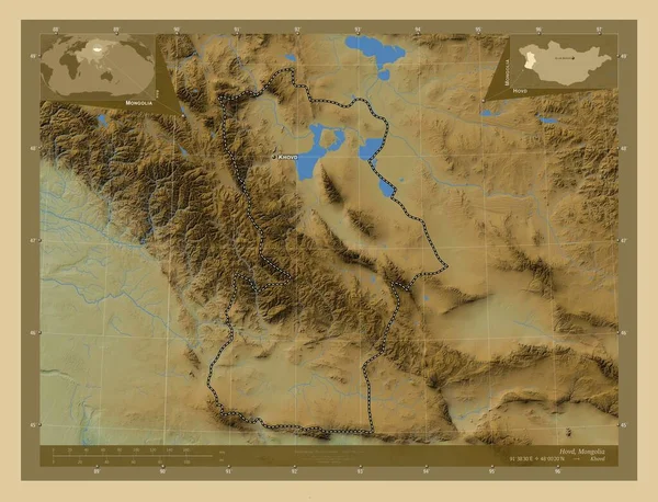 モンゴルの州を持っています 湖や川と色の標高マップ 地域の主要都市の位置と名前 コーナー補助位置図 — ストック写真