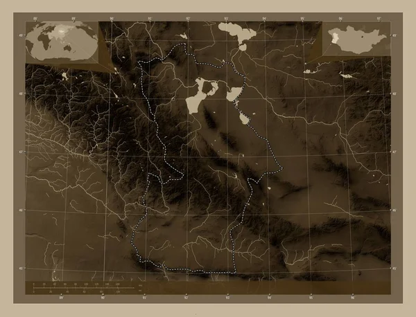 Hovd Provincia Della Mongolia Mappa Elevazione Colorata Toni Seppia Con — Foto Stock