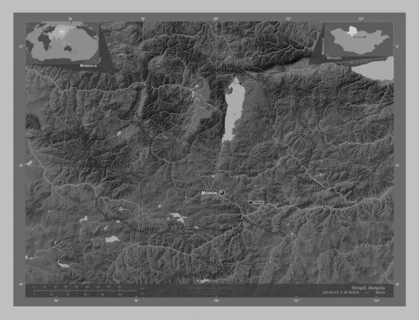 Hovsgol Provincie Mongolië Grayscale Hoogte Kaart Met Meren Rivieren Locaties — Stockfoto
