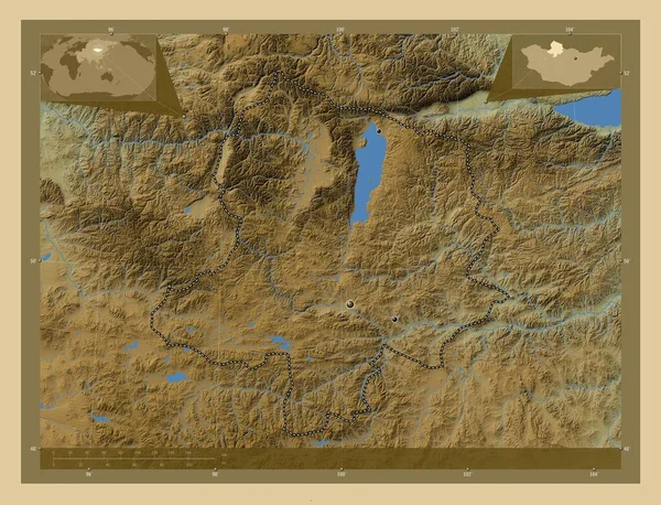 Hovsgol 蒙古省 有湖泊和河流的彩色高程图 该区域主要城市的所在地点 角辅助位置图 — 图库照片