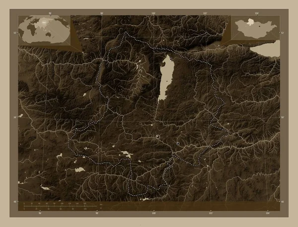 Hovsgol Επαρχία Της Μογγολίας Υψόμετρο Χάρτη Χρωματισμένο Τόνους Σέπια Λίμνες — Φωτογραφία Αρχείου