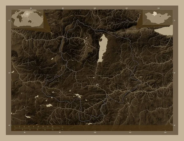 Hovsgol Provincie Mongolsko Zdvihová Mapa Zbarvená Sépiovými Tóny Jezery Řekami — Stock fotografie