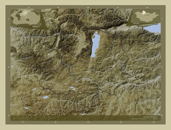 モンゴル国のホブスガル州 湖や川とWikiスタイルで着色された標高マップ 地域の主要都市の位置と名前 コーナー補助位置図 — ストック写真