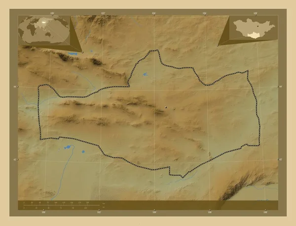 Омногови Провинция Монголия Цветная Карта Высоты Озерами Реками Вспомогательные Карты — стоковое фото