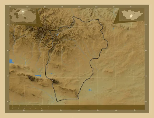 Оворхангай Провинция Монголия Цветная Карта Высоты Озерами Реками Вспомогательные Карты — стоковое фото