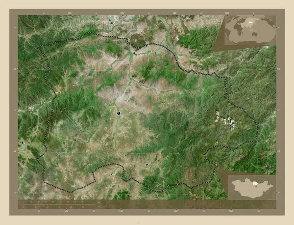 モンゴル国のセレンゲ県 高解像度衛星地図 地域の主要都市の場所 コーナー補助位置図 — ストック写真