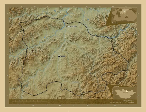 蒙古国塞伦格 有湖泊和河流的彩色高程图 该区域主要城市的地点和名称 角辅助位置图 — 图库照片