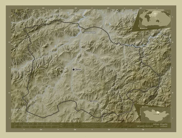 モンゴル国のセレンゲ県 湖や川とWikiスタイルで着色された標高マップ 地域の主要都市の位置と名前 コーナー補助位置図 — ストック写真