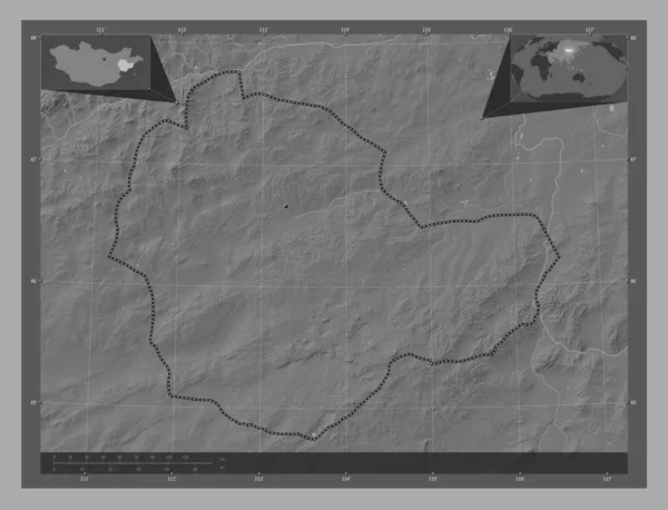 モンゴル国のスバータル州 湖や川と二階の標高マップ 地域の主要都市の場所 コーナー補助位置図 — ストック写真