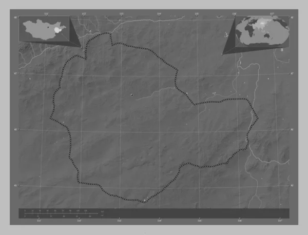 モンゴル国のスバータル州 湖や川とグレースケールの標高マップ 地域の主要都市の場所 コーナー補助位置図 — ストック写真