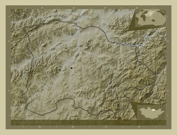蒙古国塞伦格 用Wiki风格绘制的带有湖泊和河流的高程地图 该区域主要城市的所在地点 角辅助位置图 — 图库照片